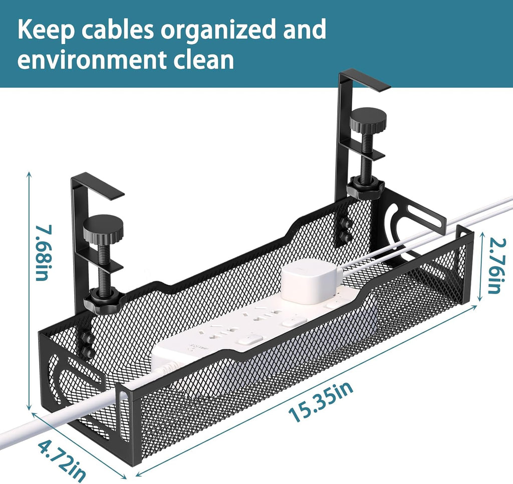 Under Desk Cable Management Tray, No Drill Mesh Desk Cable Tray, Wire Management Tray Cable Management Rack, Cord Organizer and Cable Management Box (Black)