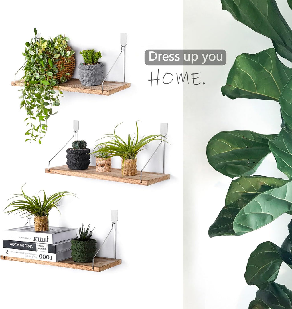 Floating Shelves Set of 3 Rustic Solid Wood Floating Shelf Wall Storage Shelves for Living Room, Bedroom, Bathroom, Kitchen Laundry, Office,No Drill Shelf(Light Color L+L+L)