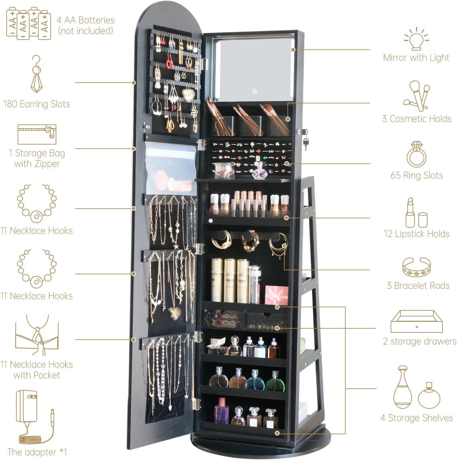 Arched Rotating Jewelry Cabinet with LED Lighted Full Length Mirror & Built-In LED Vanity Mirror, Lockable Standing Jewelry Armoire, Large Storage Organizer for Jewelry (Black)