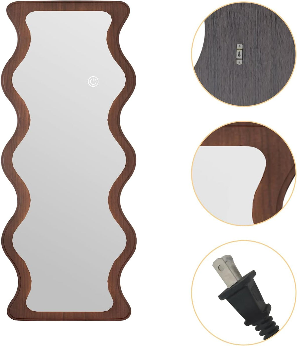 65"X 24" Irregular Wavy LED Full Length Mirror with Lights Wood Frame Full Body Mirror, Free Standing/Wall Mounted/Leaning for Dressing Bedroom Living Room Walnut Brown