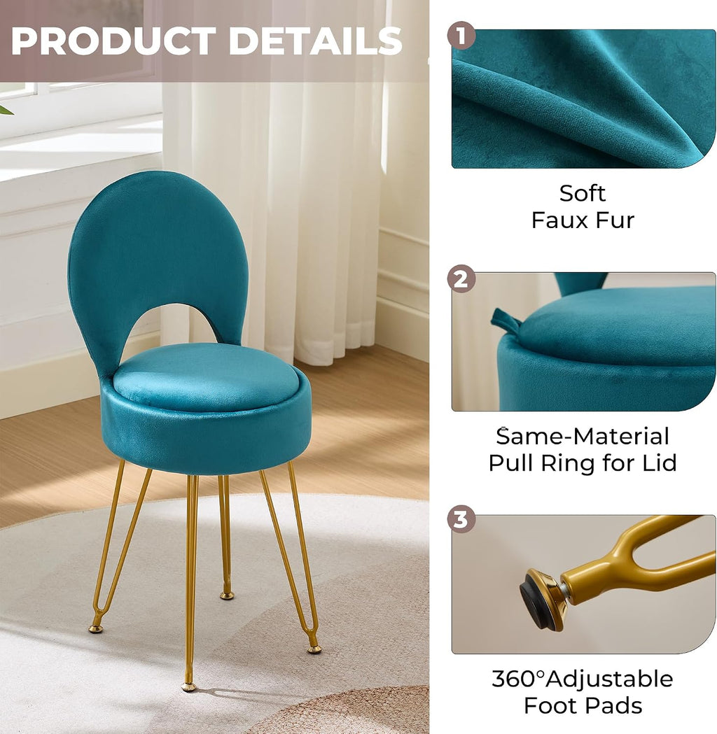 Velvet Teal Small Vanity Chair & Stool - 13" Dx13 W Folding Back Storage Ottoman, Anti-Slip Golden V-Leg for Bedroom Makeup Room