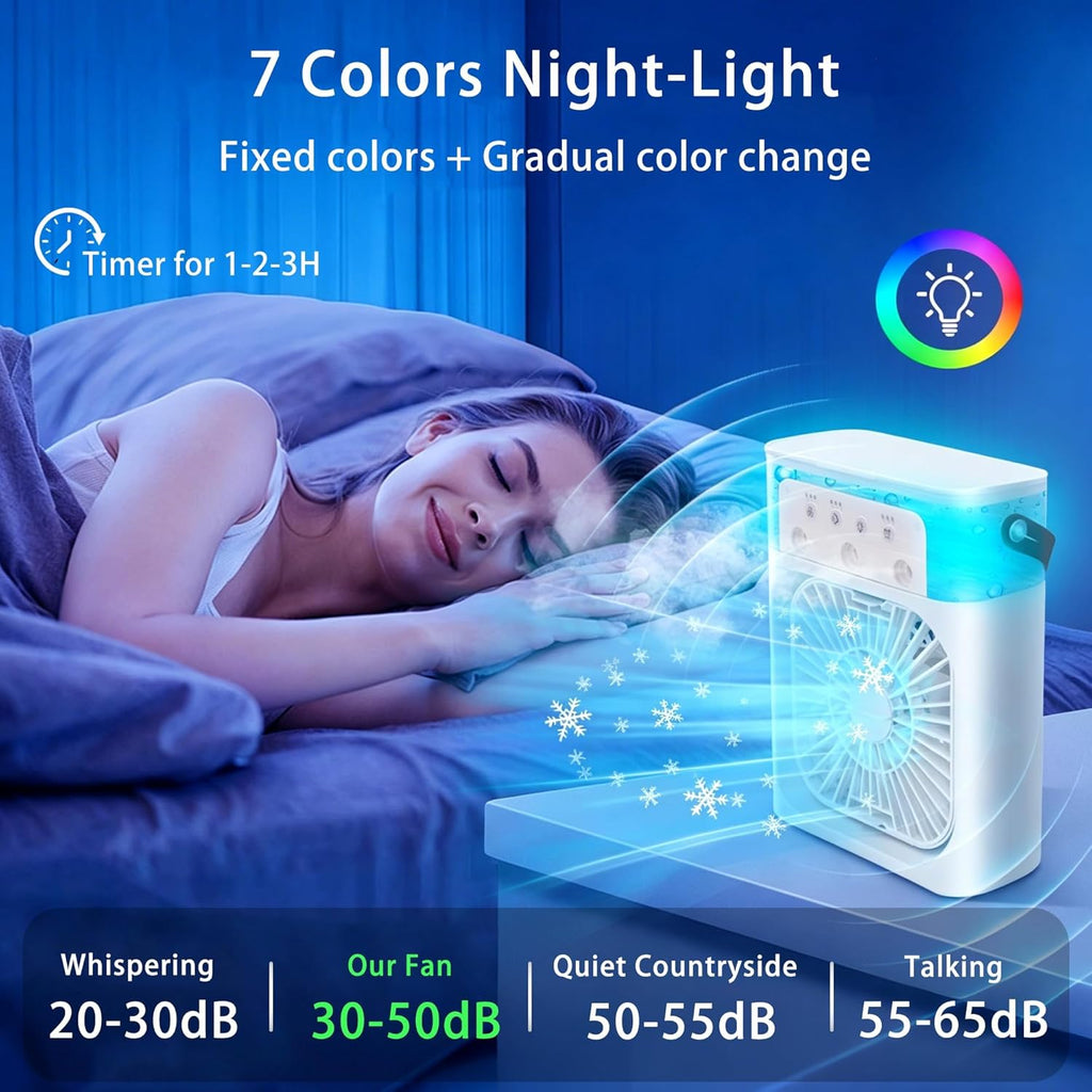 Portable Air Conditioners, 2000Mah Rechargeable Mini Air Cooler Fans, 500ML Personal Portable AC Unit with 3 Speed, 2 Spray, 7 Color, 3 Timer, Small Desktop Cooling Fan for Bedroom Office (White)