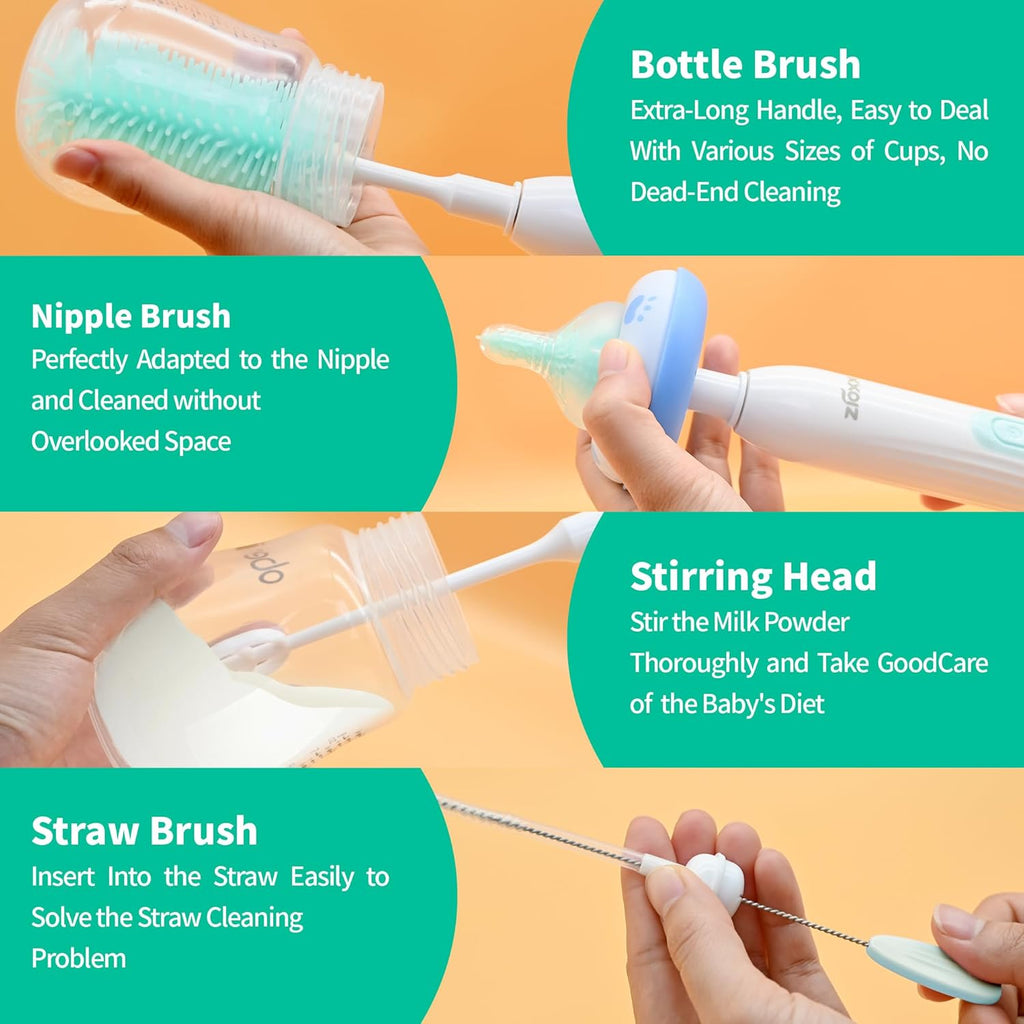 Electric Bottle Brush Cleaner New Upgrade, Portable Electric Baby Bottle Brush Cleaner for Travel, Travel Bottle Cleaner Kit with Nipple & Straw Brush, Perfect Mom Essentials after Birth Gift, Green