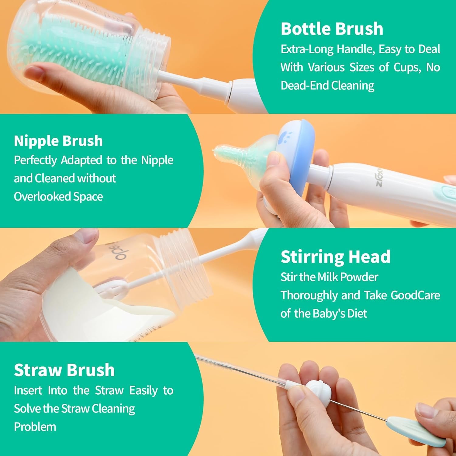 Electric Bottle Brush Cleaner New Upgrade, Portable Electric Baby Bottle Brush Cleaner for Travel, Travel Bottle Cleaner Kit with Nipple & Straw Brush, Perfect Mom Essentials after Birth Gift, Green