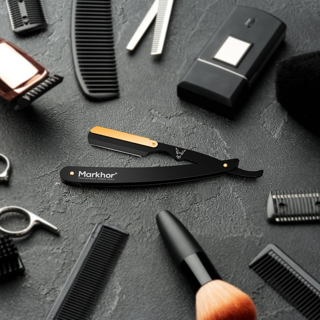 ® Straight Razors for Men with 100 Single Edge Razor Blades | Matte Black with 24K Gold Platted Barber Straight Razor | Straight Edge Razor | Barber Razor Blade | Navajas Para Barbero