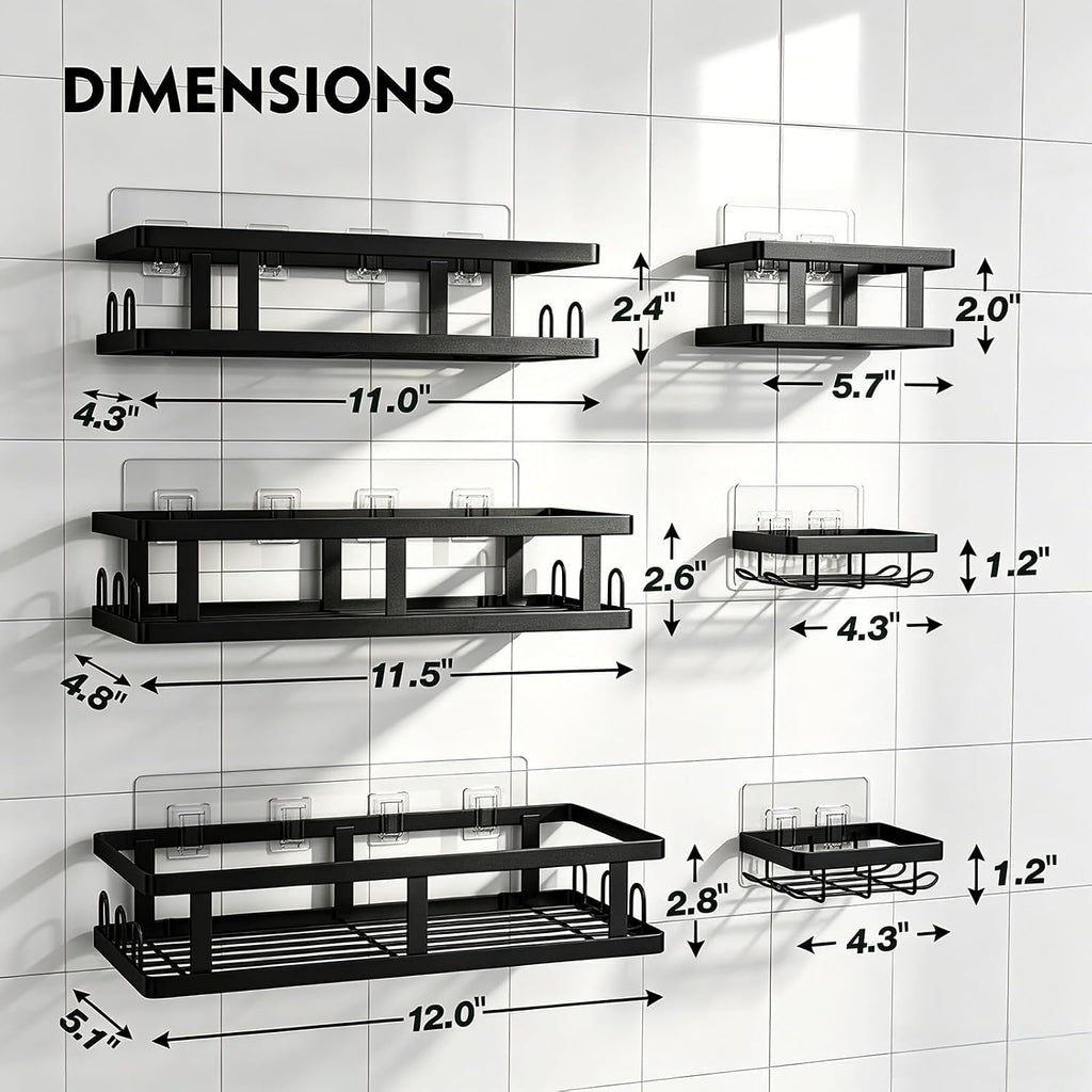 Black Shower Caddy 6 Pack, No Drill Rustproof Adhesive Shelves | Black Finish, 6-Piece Set, No Drilling, Rust Resistant, Large Capacity, 6 Adhesives, 24 Built-In Side Hooks