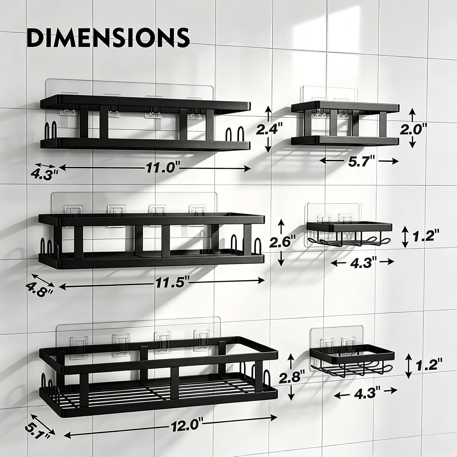 Black Shower Caddy 6 Pack, No Drill Rustproof Adhesive Shelves | Black Finish, 6-Piece Set, No Drilling, Rust Resistant, Large Capacity, 6 Adhesives, 24 Built-In Side Hooks
