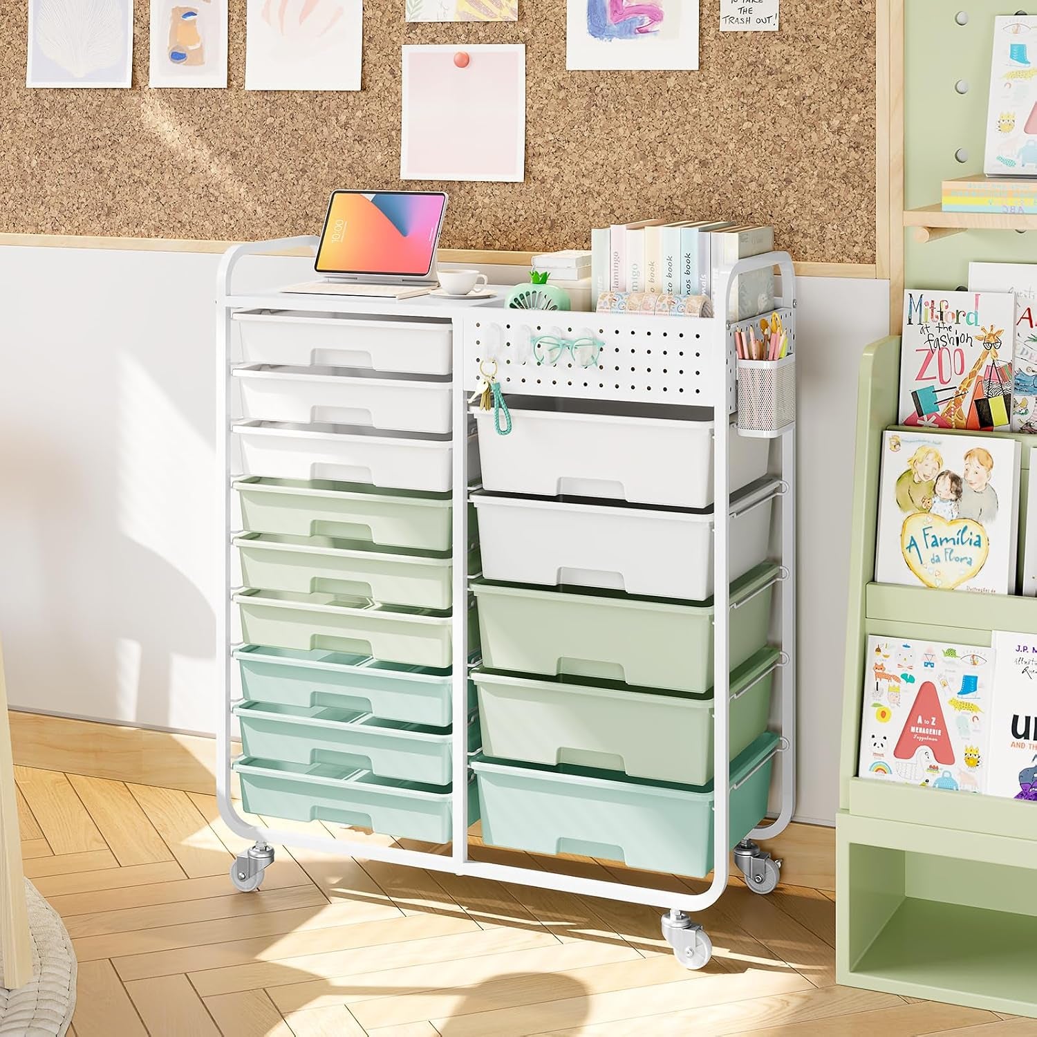 Rolling Storage Cart with 14 Drawers, Storage Organizer Cart with Tabletop and Pegboard,Utility Cart for Living Room, Classroom, Bedroom,Bathroom,Dorm,Office (Green)
