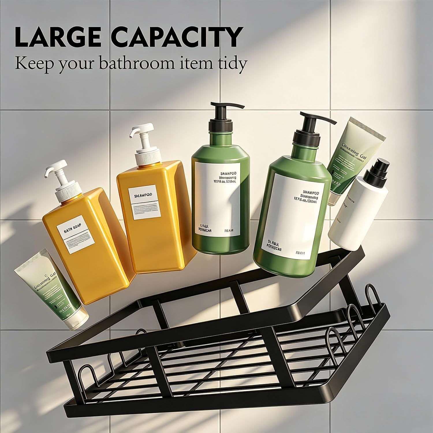 Black Shower Caddy 6 Pack, No Drill Rustproof Adhesive Shelves | Black Finish, 6-Piece Set, No Drilling, Rust Resistant, Large Capacity, 6 Adhesives, 24 Built-In Side Hooks