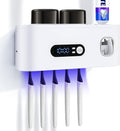 Toothbrush Holder with UV Sanitizer and Toothpaste Dispenser, Timer Display with Wall Mounted Smart Toothbrush Organizer for Bathroom, with 2 Cups and Automatic Sterilization Function, White