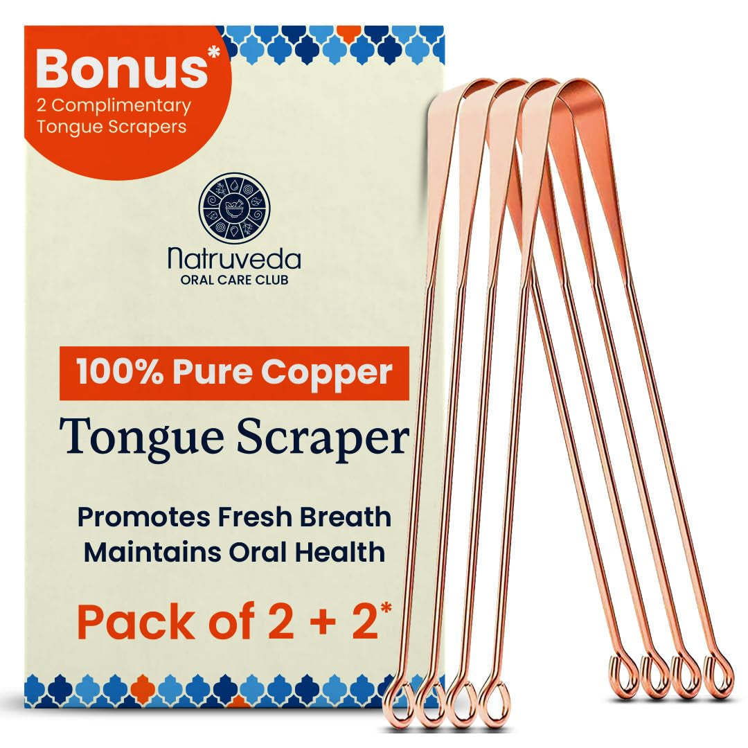 Pure Copper Tongue Scraper for Adults and Kids - 4 Pack Premium Ayurvedic Metal Tongue Cleaner Set, Fresh Breath Hygiene Support, Travel-Friendly, Usa-Based Seller