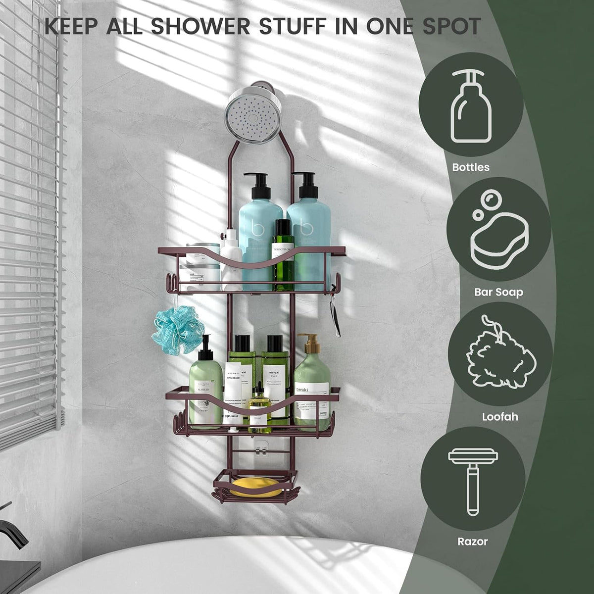 Adjustable Shower Caddy Hanging over Shower Head, Bronze | Rustproof Shower Organizer, Extra Long, No Drilling, Anti-Slip, Fast Draining, Soap Holder, 12 Hooks, Bathroom Accessories