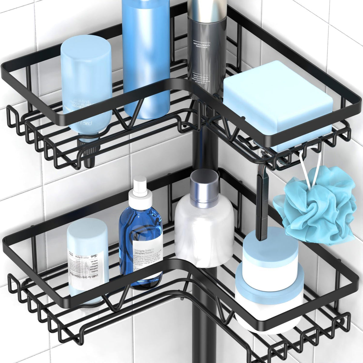 Floor Shower Caddy Standing, 4-Tier Corner Organizer with Hooks | Free-Standing Bathroom Storage with Soap Holder, Space-Saving Design for Shampoo and Toiletries, Easy Access Organization