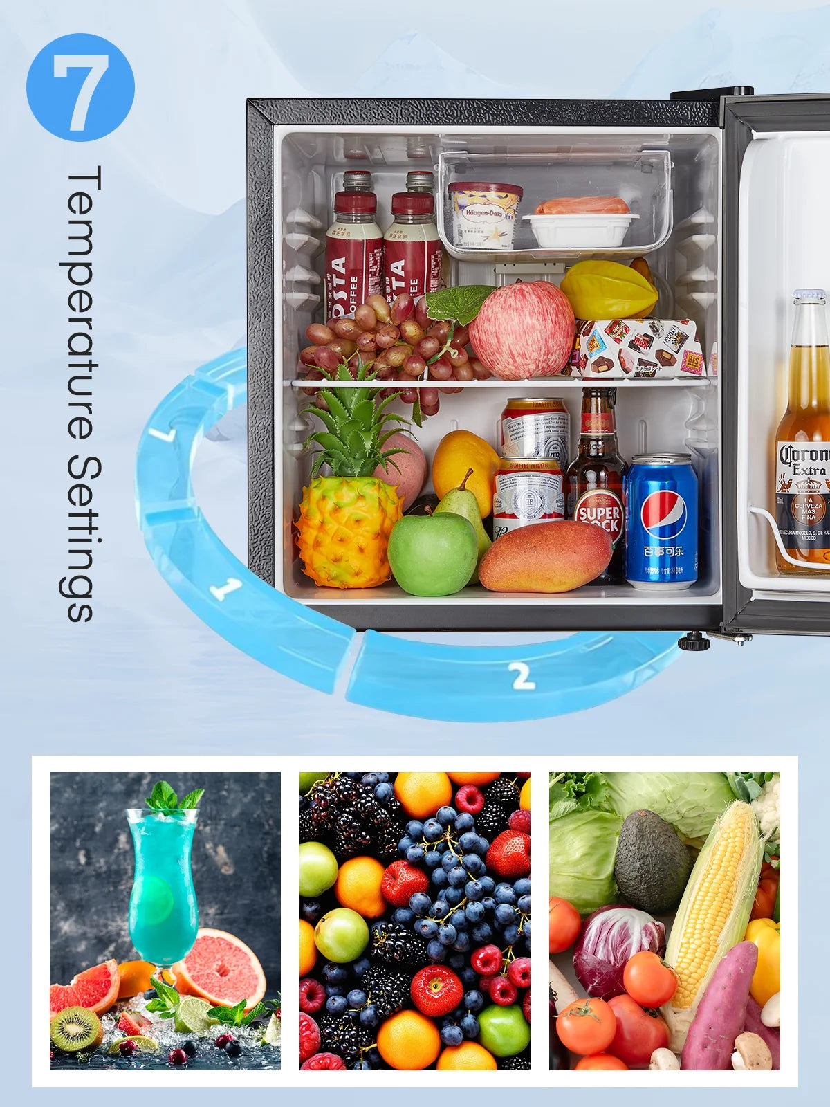 1.6 Cu.Ft Single Door Mini Fridge for Drinks, Partitioned Storage, 7 Level Temp Control, Black,