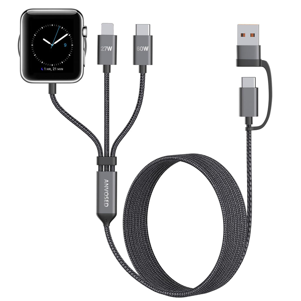 60W Fast Charging Cable for Apple Watch Charger, 6-In-1 Portable Multi Charging Cable for Apple Watch Series 1–11/Se/Ultra (Black, 120)