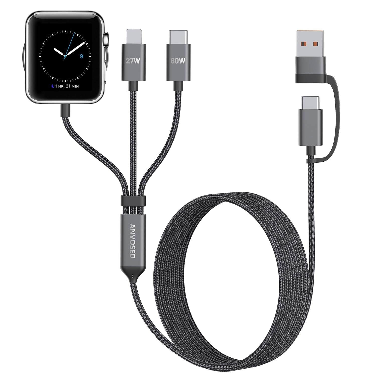 60W Fast Charging Cable for Apple Watch Charger, 6-In-1 Portable Multi Charging Cable for Apple Watch Series 1–11/Se/Ultra (Black, 120)