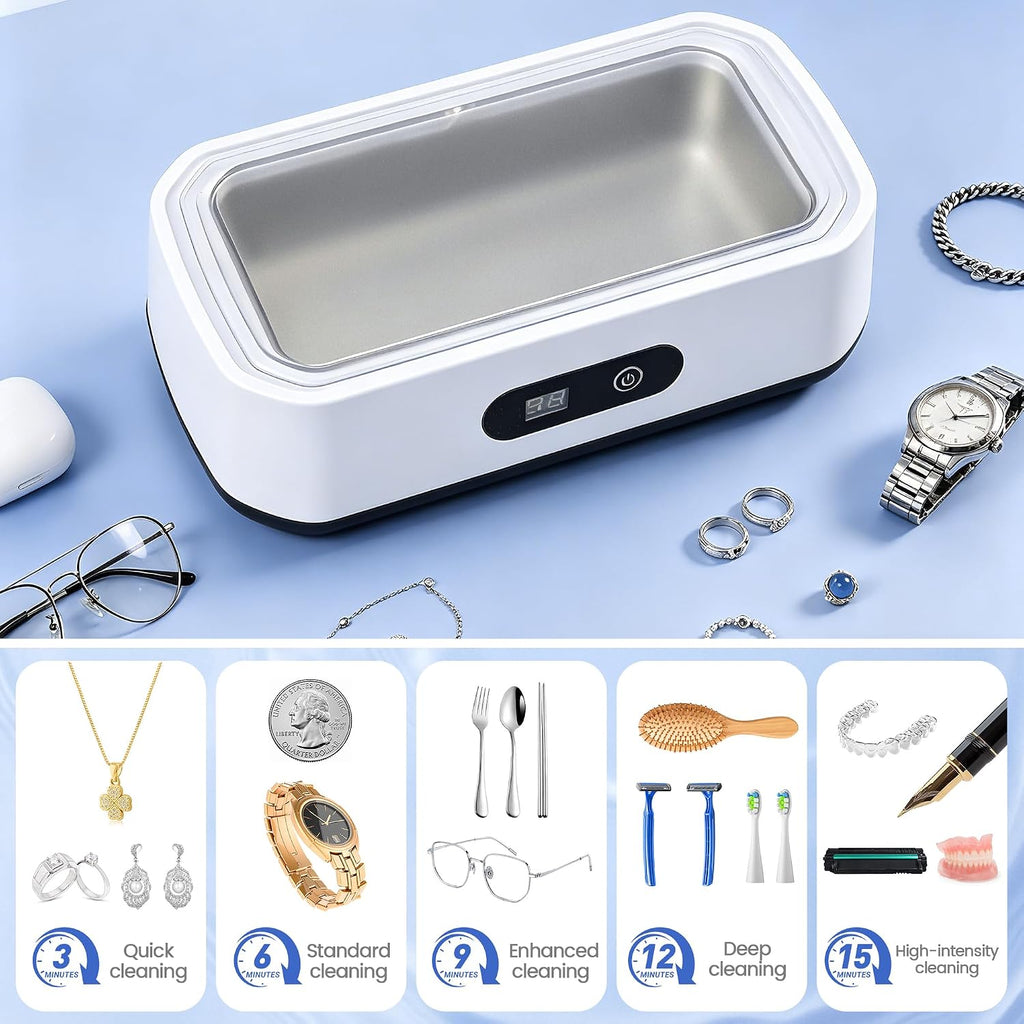 Ultrasonic Jewelry Cleaner, 49 Khz Sonic Jewelry Cleaner Machine | for Jewelry, Glasses, Rings, Dentures, Retainer, Coin, Earring with 5 Timers, 304 Stainless Steel, 22 Oz Dental Cleaning Pod