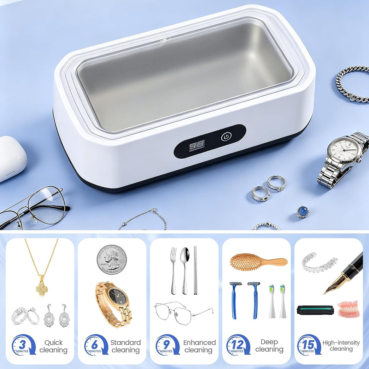 Ultrasonic Jewelry Cleaner, 49 Khz Sonic Jewelry Cleaner Machine | for Jewelry, Glasses, Rings, Dentures, Retainer, Coin, Earring with 5 Timers, 304 Stainless Steel, 22 Oz Dental Cleaning Pod
