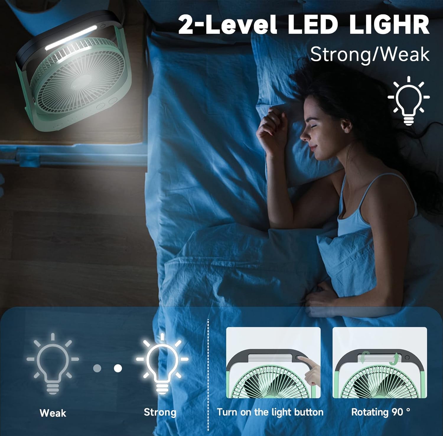 Rechargeable Fan, Battery Operated Fan, Portable Personal Fan, Battery Powered Desk Fan, with LED Light Fan, 8-Inch USB Fan with Timer, Quiet Fan for Bedroom, Home, Camping, Outdoor