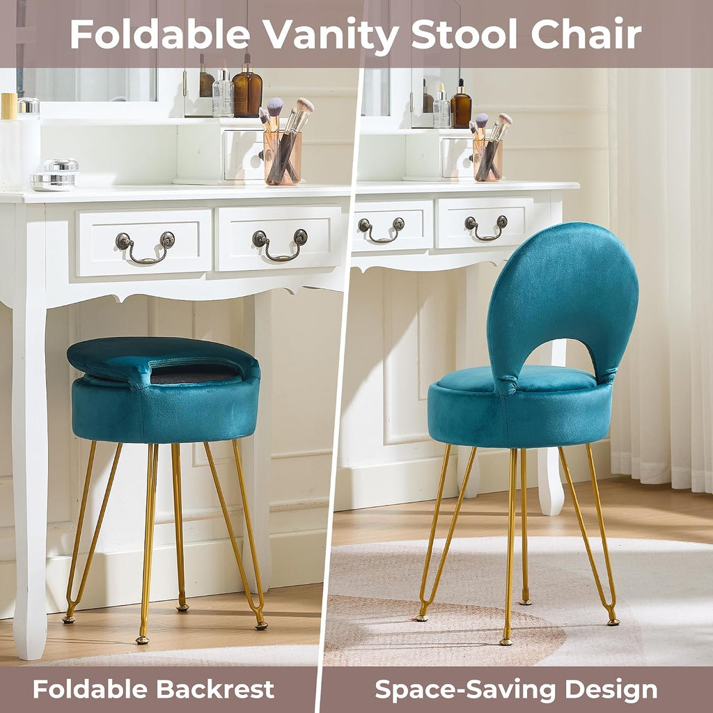 Velvet Teal Small Vanity Chair & Stool - 13" Dx13 W Folding Back Storage Ottoman, Anti-Slip Golden V-Leg for Bedroom Makeup Room