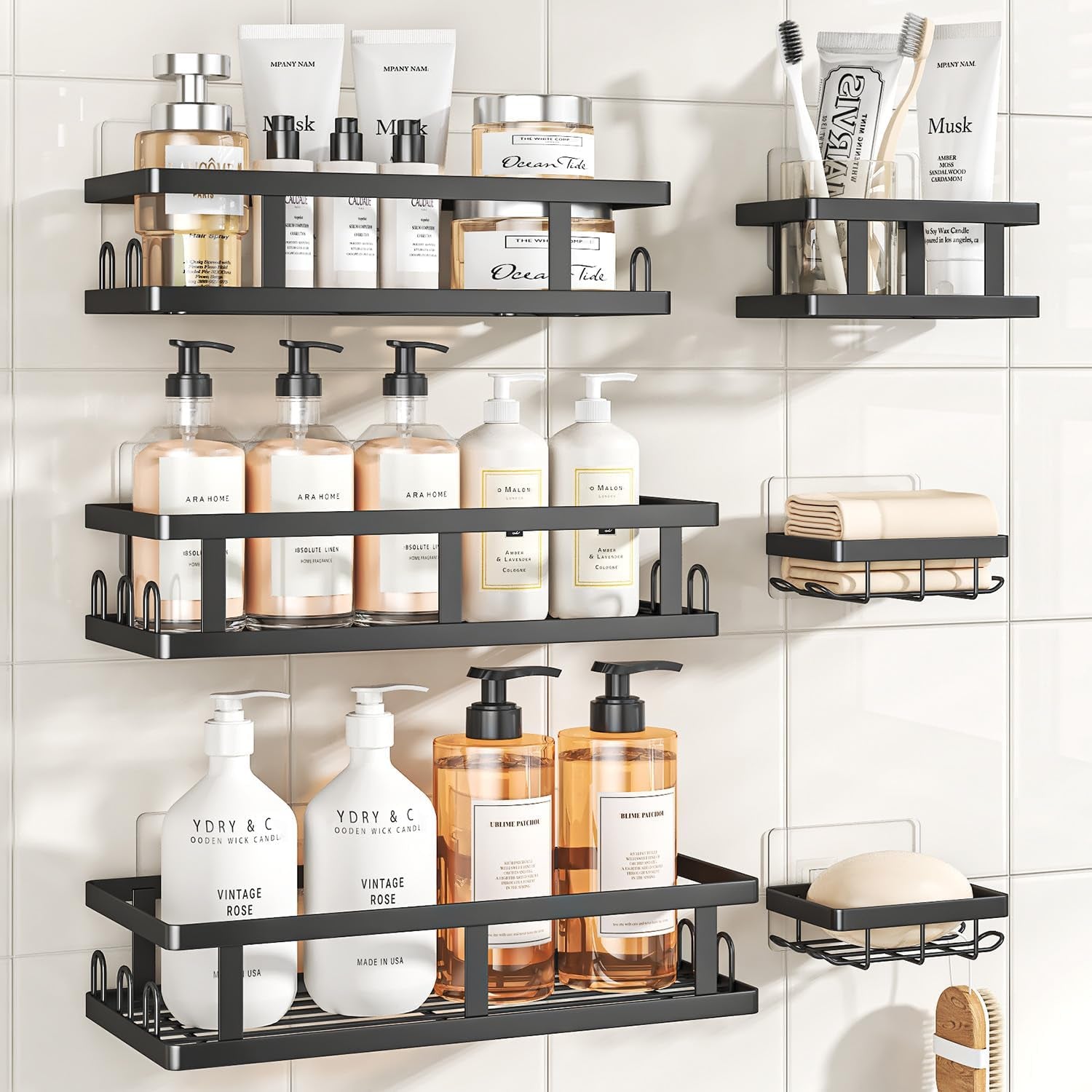 Black Shower Caddy 6 Pack, No Drill Rustproof Adhesive Shelves | Black Finish, 6-Piece Set, No Drilling, Rust Resistant, Large Capacity, 6 Adhesives, 24 Built-In Side Hooks