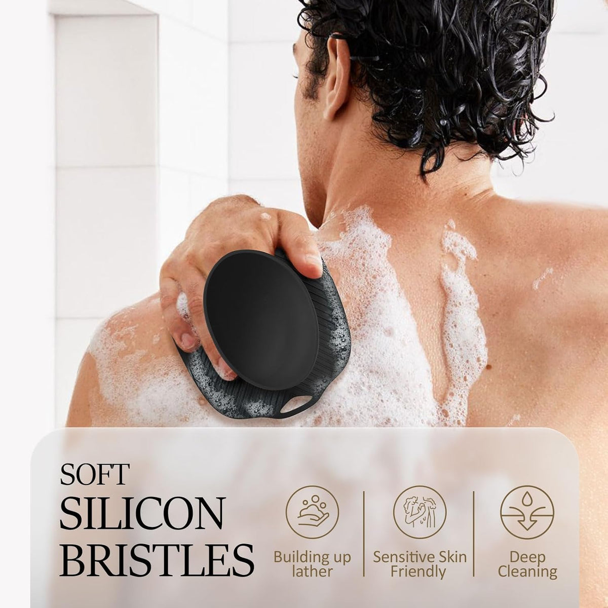 Soft Silicone Body Scrubber, Gentle like a Hand Exfoliating Your Skin and Build up Lather Easily, Back Large Suction Cup Easy to Store, Long-Lasting & Deep Clean (Black)