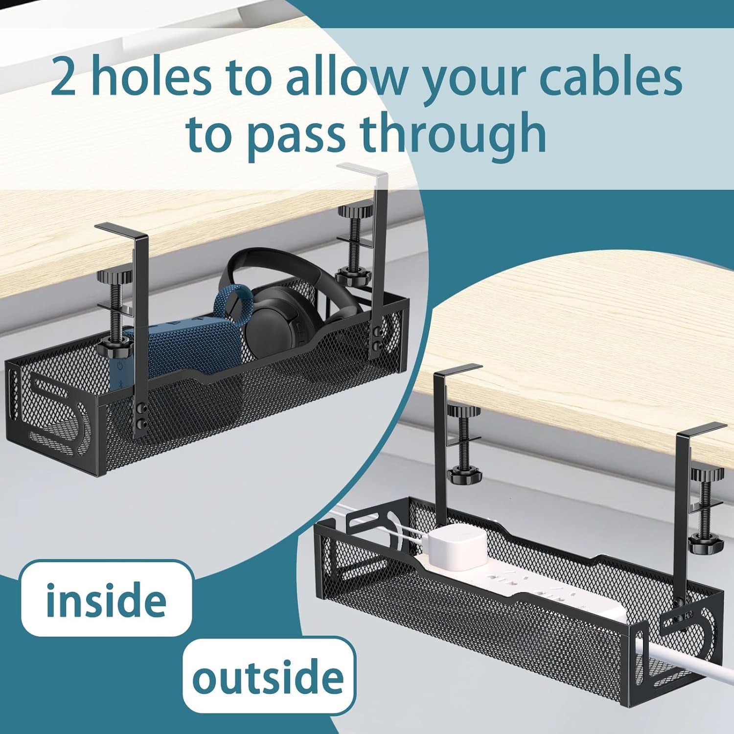 Under Desk Cable Management Tray, No Drill Mesh Desk Cable Tray, Wire Management Tray Cable Management Rack, Cord Organizer and Cable Management Box (Black)