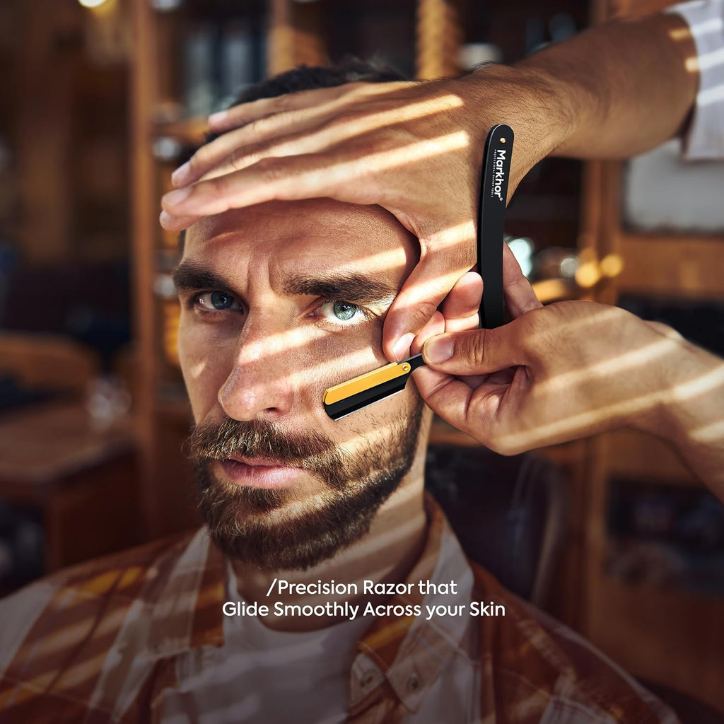 ® Straight Razors for Men with 100 Single Edge Razor Blades | Matte Black with 24K Gold Platted Barber Straight Razor | Straight Edge Razor | Barber Razor Blade | Navajas Para Barbero
