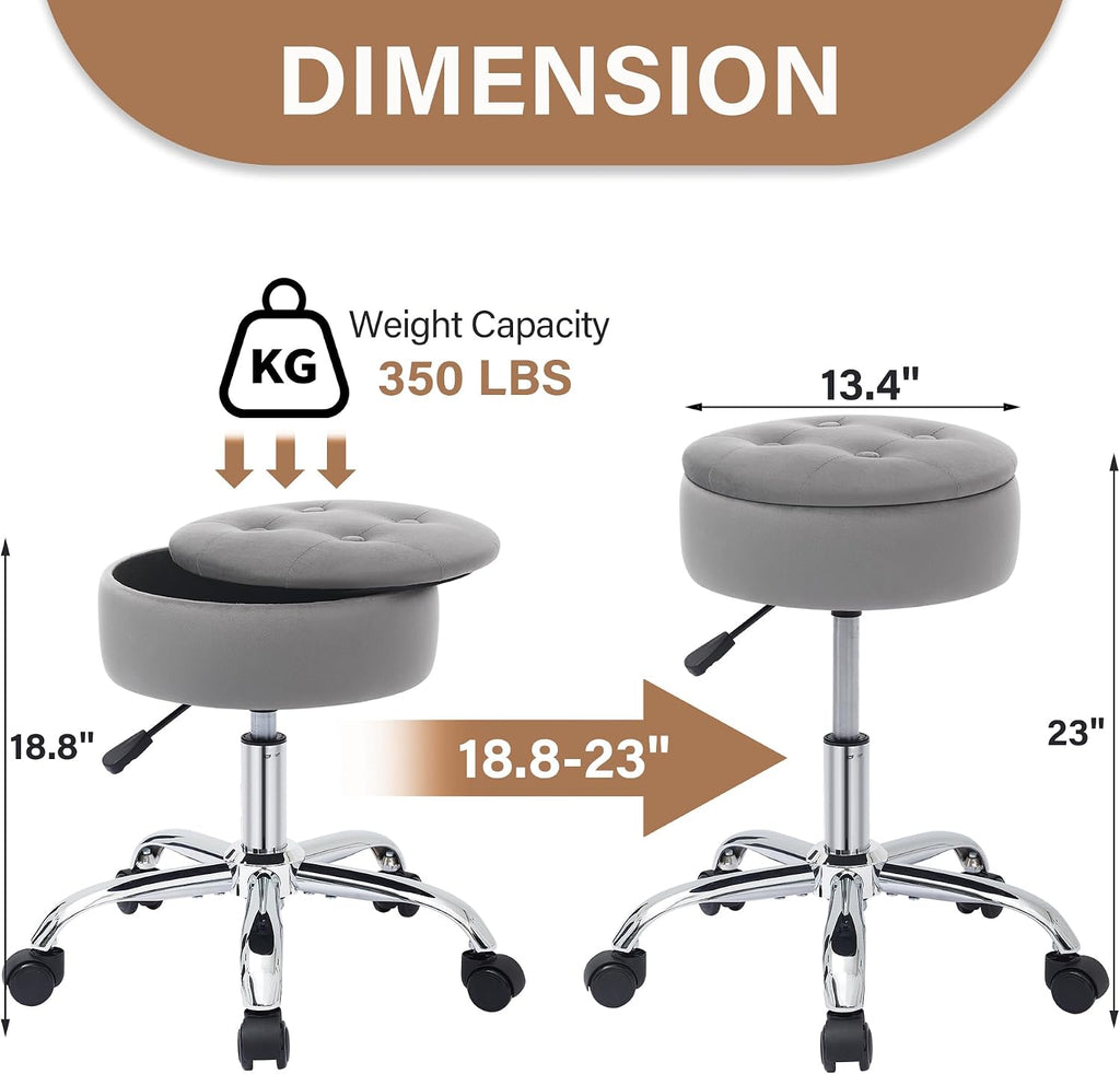 Vanity Chair with Wheels Adjustable Vanity Stool with Storage Swivel Vanity Stool for Vanity Rolling Makeup Chair Grey