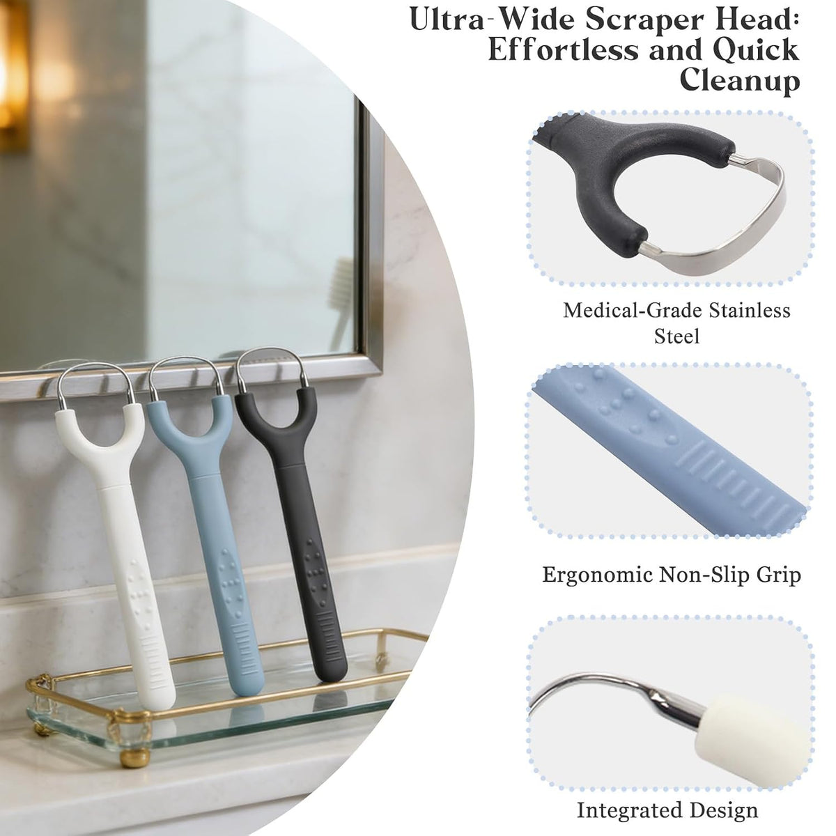 3-Pack 304 Stainless Steel Tongue Scraper for Adults, Oral Care Tool | 3-Color Set for Family & Travel, Ergonomic U-Shaped Design Fits Comfortably, Easy to Clean and Reusable for Daily Oral Care