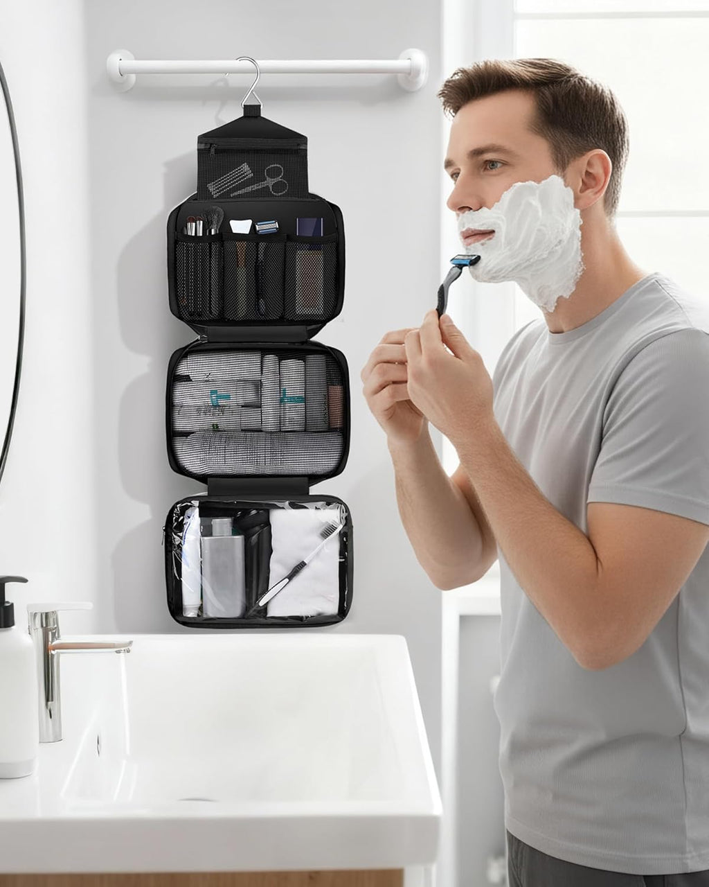 Toiletry Bag for Men & Women Travel Toiletry Bag Hanging Toiletry Bag Hygiene Bag with 4 Compartments Waterproof Bathroom Shower Bag for Traveling(Black)