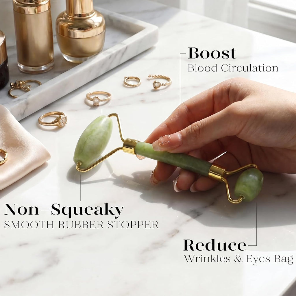 Icyme Jade Face Roller & Gua Sha Set,Self Care Gifts for Women | Facial Beauty Skin Care Tools for Home Spa & Travel Use, Cooling and Smoothing, Reduce Puffiness & Jawline Definition - Green