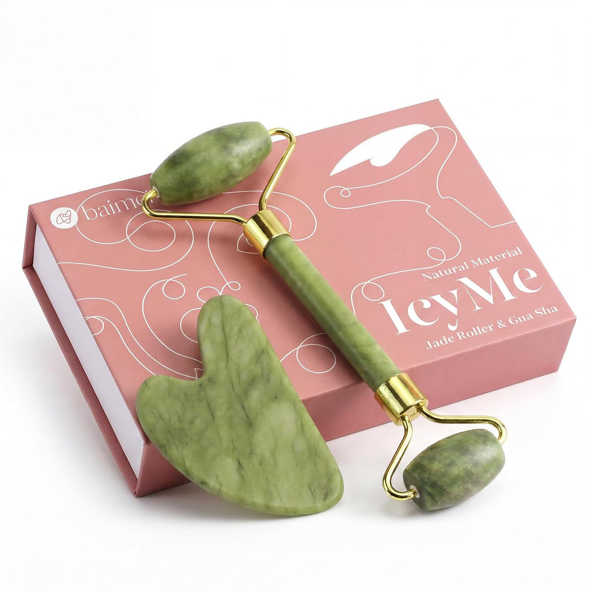 Icyme Jade Face Roller & Gua Sha Set,Self Care Gifts for Women | Facial Beauty Skin Care Tools for Home Spa & Travel Use, Cooling and Smoothing, Reduce Puffiness & Jawline Definition - Green