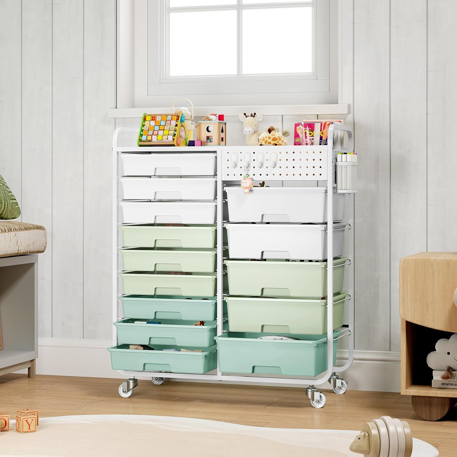 Rolling Storage Cart with 14 Drawers, Storage Organizer Cart with Tabletop and Pegboard,Utility Cart for Living Room, Classroom, Bedroom,Bathroom,Dorm,Office (Green)