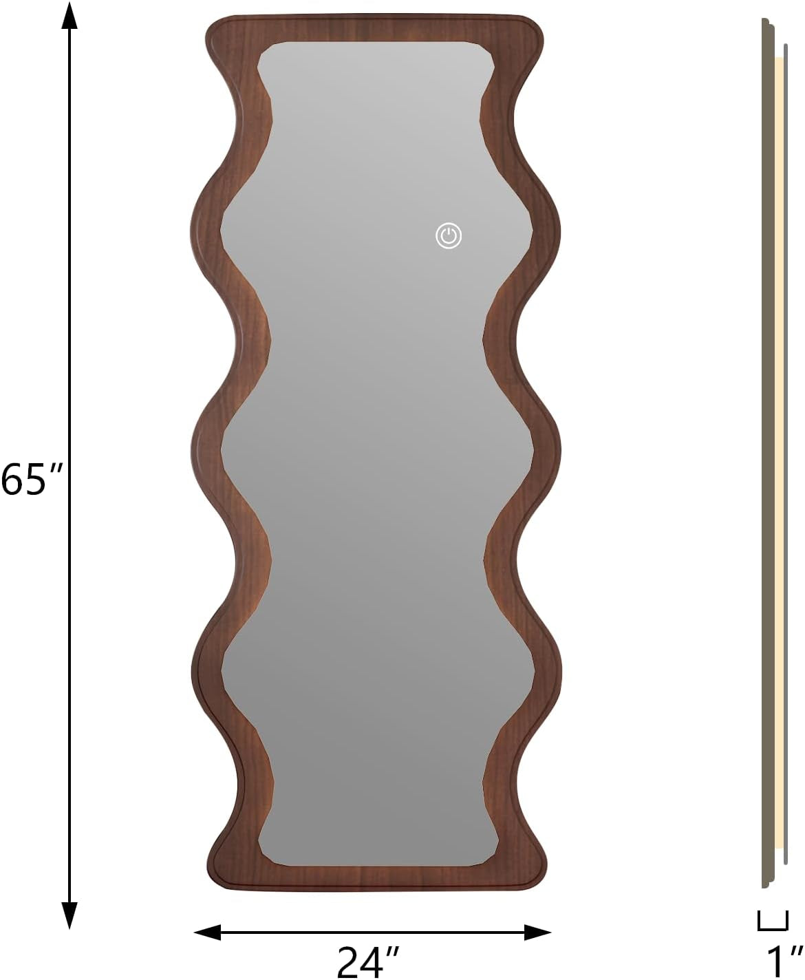 65"X 24" Irregular Wavy LED Full Length Mirror with Lights Wood Frame Full Body Mirror, Free Standing/Wall Mounted/Leaning for Dressing Bedroom Living Room Walnut Brown