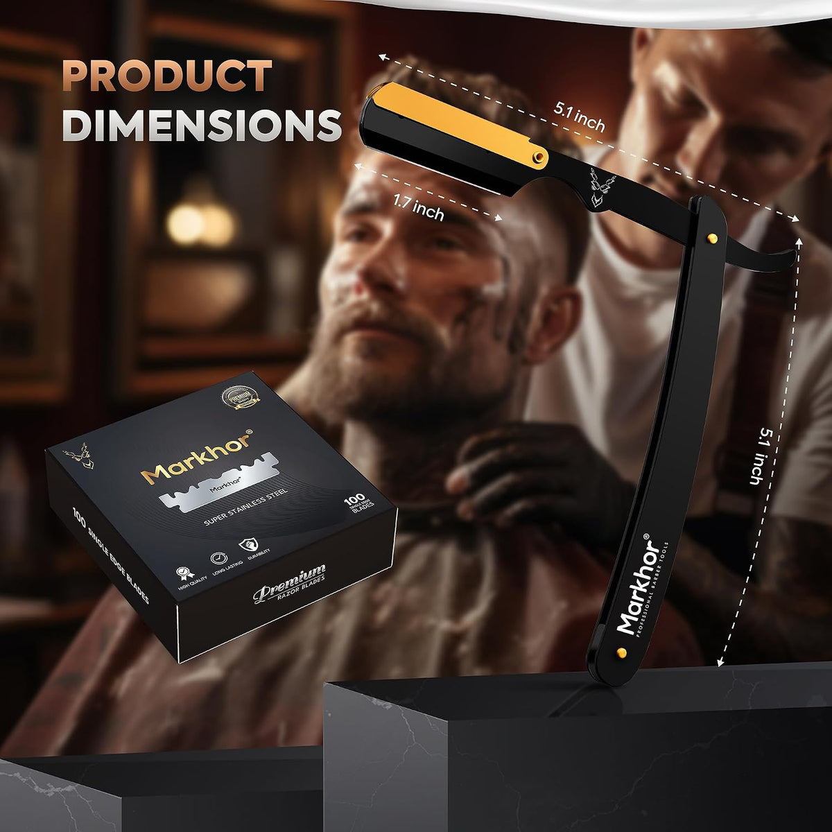 ® Straight Razors for Men with 100 Single Edge Razor Blades | Matte Black with 24K Gold Platted Barber Straight Razor | Straight Edge Razor | Barber Razor Blade | Navajas Para Barbero