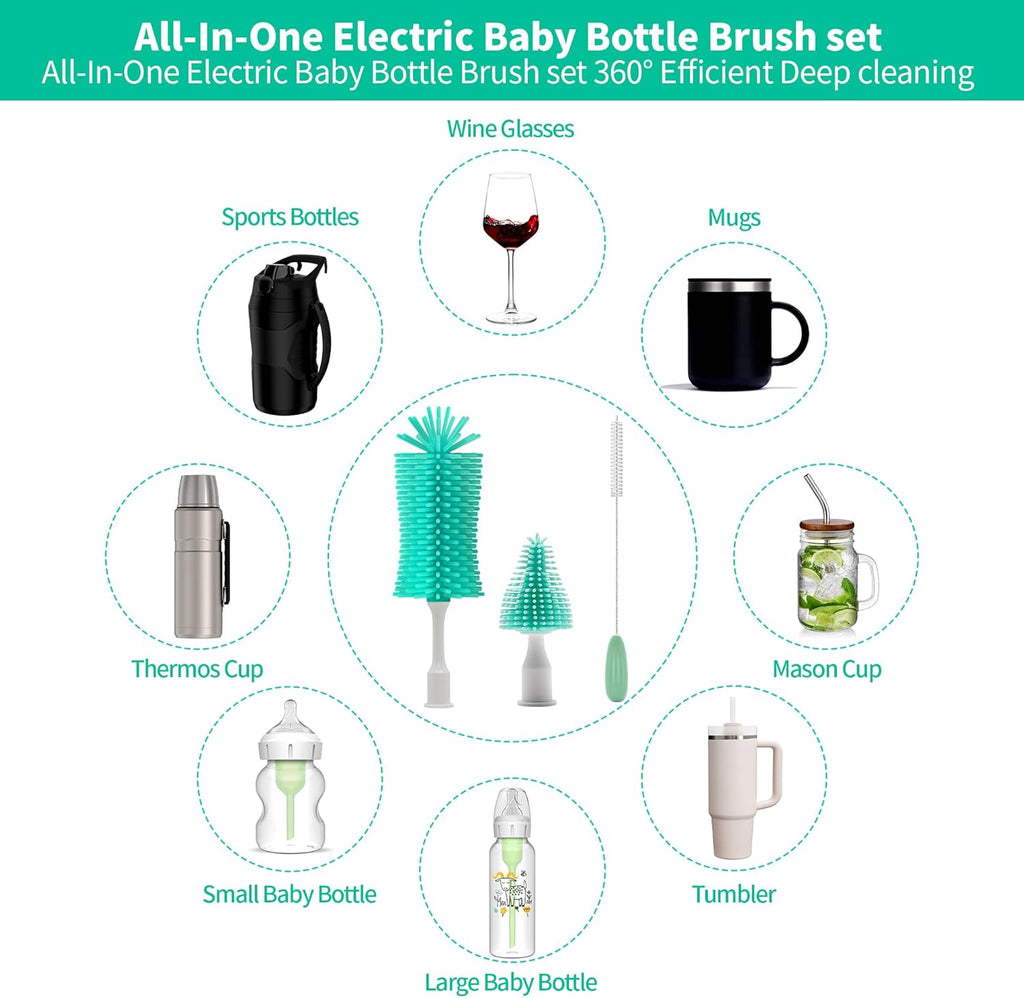 Electric Bottle Brush Cleaner New Upgrade, Portable Electric Baby Bottle Brush Cleaner for Travel, Travel Bottle Cleaner Kit with Nipple & Straw Brush, Perfect Mom Essentials after Birth Gift, Green