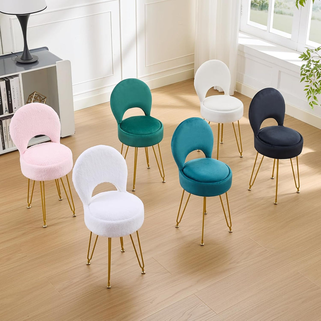 Velvet Teal Small Vanity Chair & Stool - 13" Dx13 W Folding Back Storage Ottoman, Anti-Slip Golden V-Leg for Bedroom Makeup Room