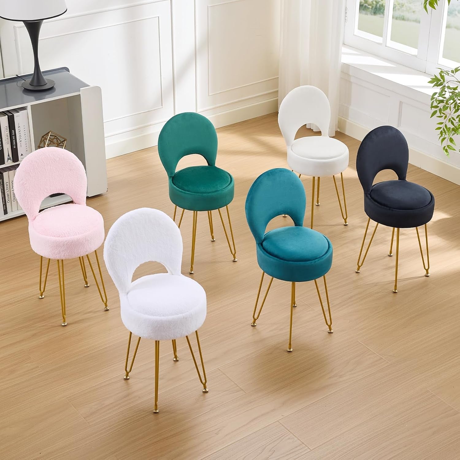 Velvet Teal Small Vanity Chair & Stool - 13" Dx13 W Folding Back Storage Ottoman, Anti-Slip Golden V-Leg for Bedroom Makeup Room