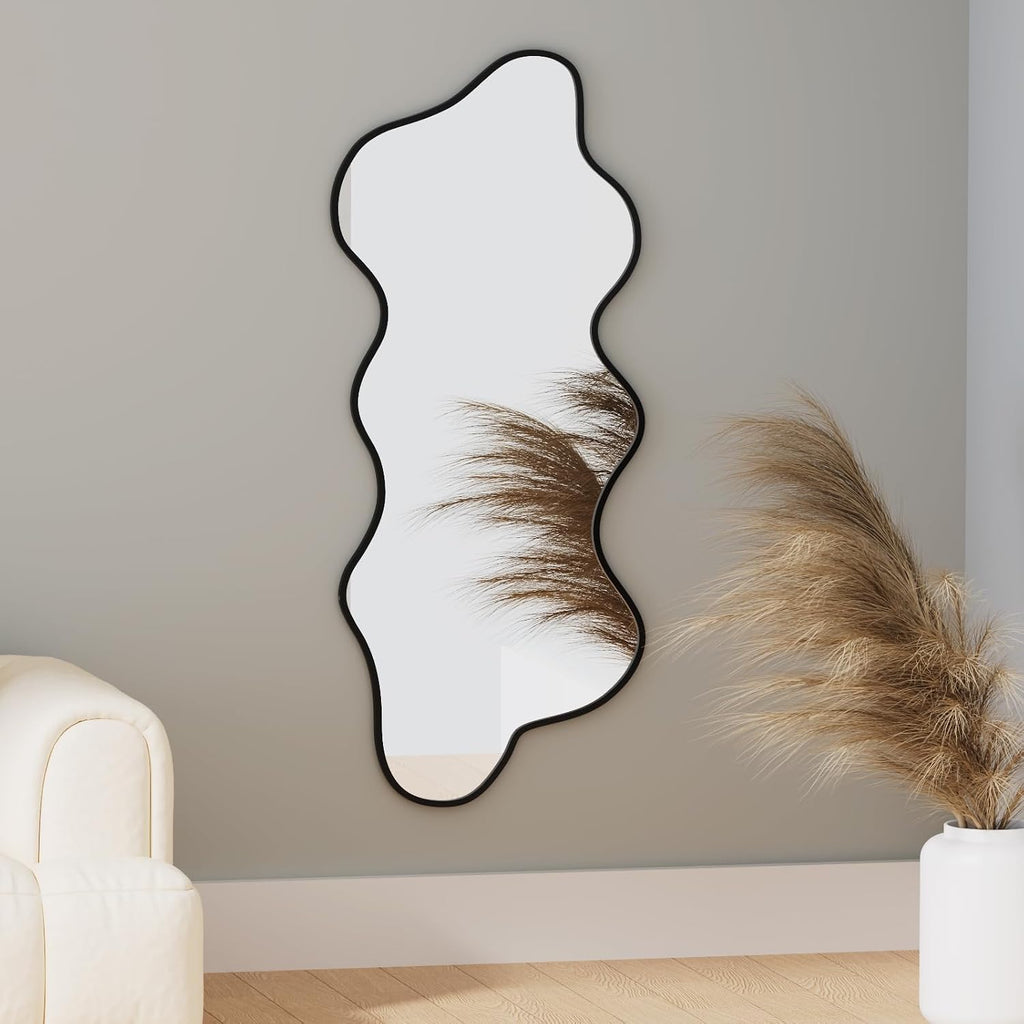 Irregular Wavy Wall Mirror Asymmetrical Shaped Aluminum Alloy Framed Big Unique Full Length Mirror for Living Room Bathroom Bedroom Entryway Fireplace (Black, 47"X21")