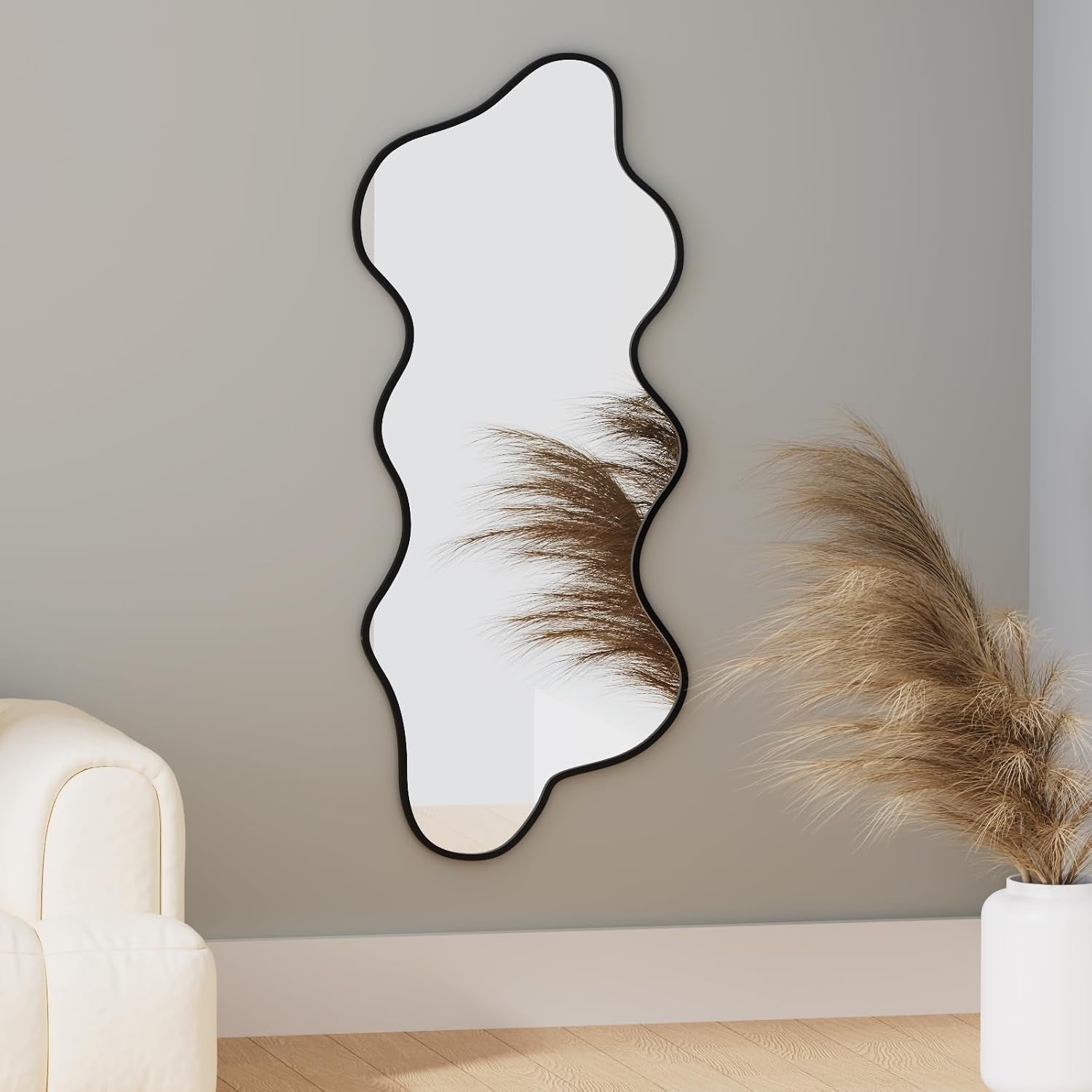 Irregular Wavy Wall Mirror Asymmetrical Shaped Aluminum Alloy Framed Big Unique Full Length Mirror for Living Room Bathroom Bedroom Entryway Fireplace (Black, 47"X21")