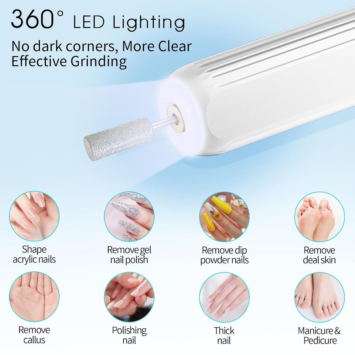 Electric Nail Drill, Professional Manicure Pedicure Kit, Cordless Electric Nail File Set, Rechargeable Pedicure Tools for Feet, 3 Speeds Hand Foot Care Nail Drill for Thick Nail Toenail Cuticle-White