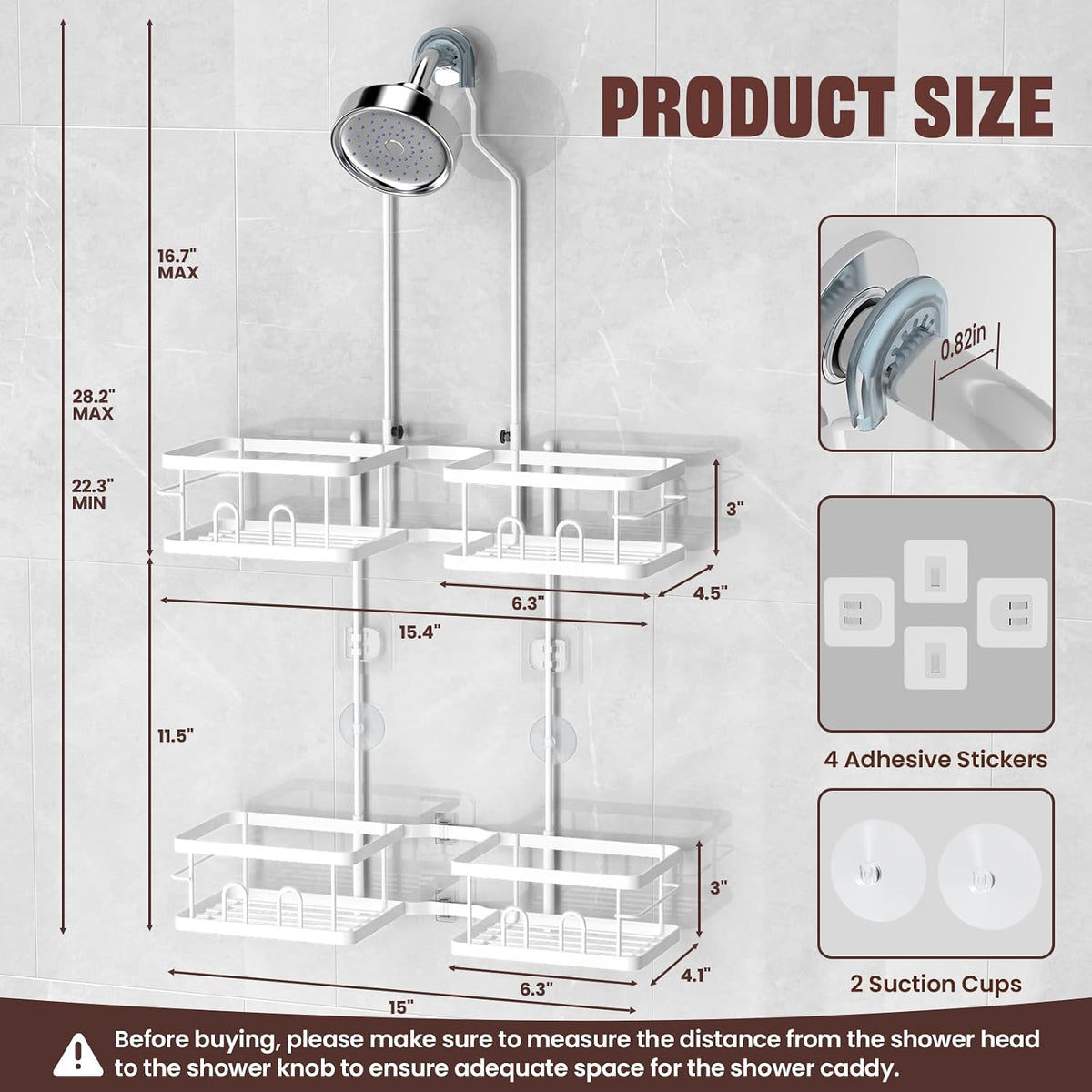 Adjustable Shower Caddy Hanging for Handheld Showerheads, White | Patented Shower Organizer, Rustproof, 40Lbs Capacity, Anti-Swing, Tool-Free, Suction Cups, 8 Hooks, Soap & Toothbrush Holder