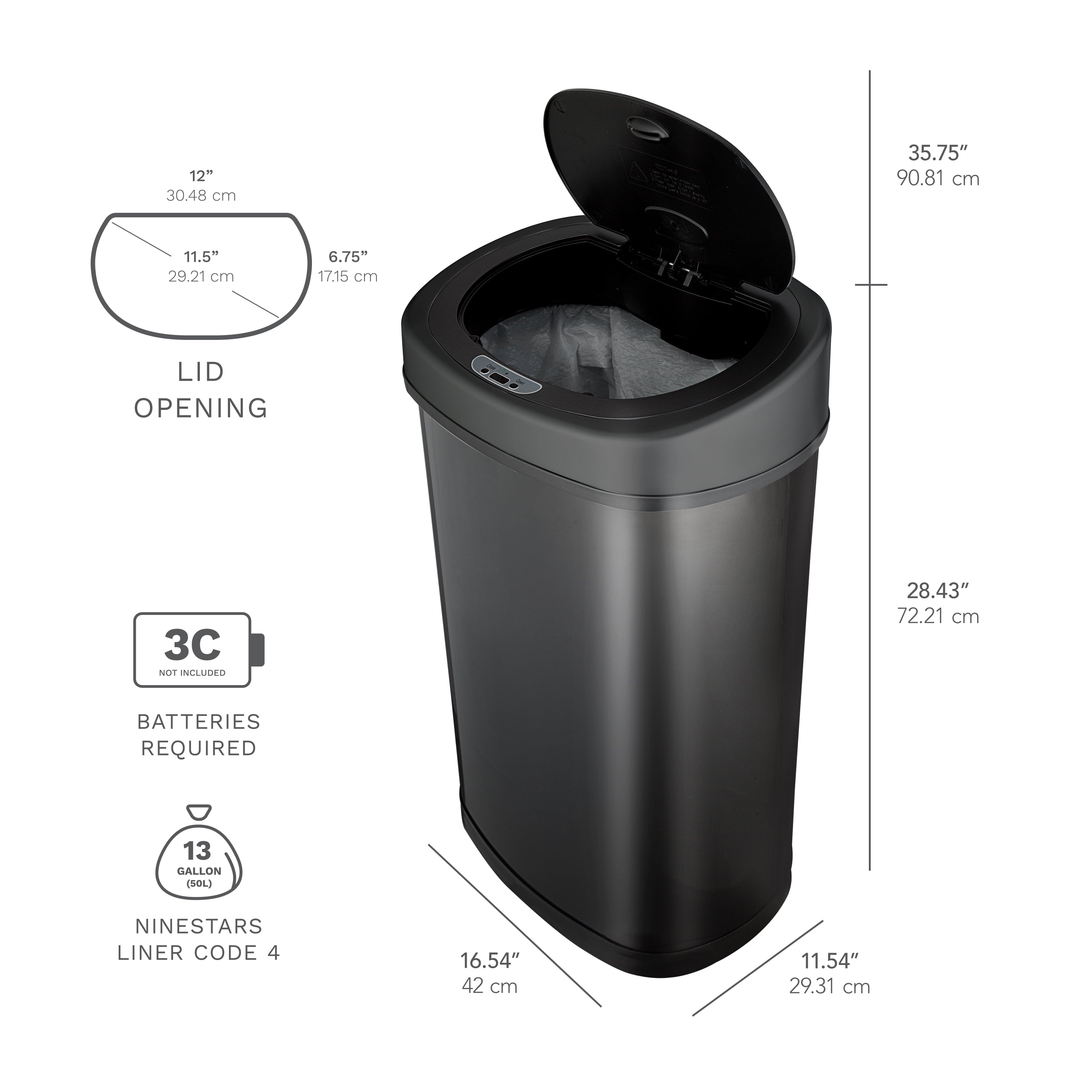 Automatic Kitchen Trash Can, 13.2 Gallon Stainless Steel Motion Sensor Garbage Bin with Soft Close Lid, Black