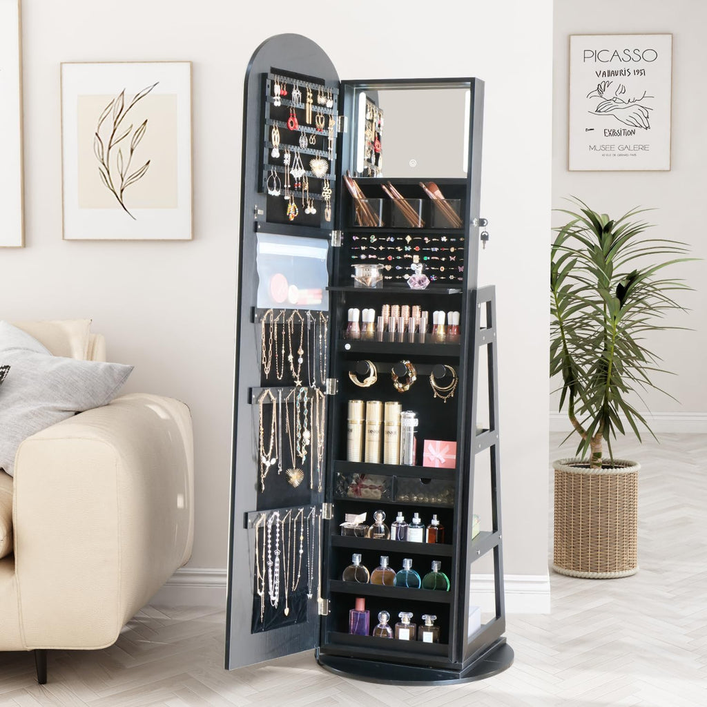 Arched Rotating Jewelry Cabinet with LED Lighted Full Length Mirror & Built-In LED Vanity Mirror, Lockable Standing Jewelry Armoire, Large Storage Organizer for Jewelry (Black)