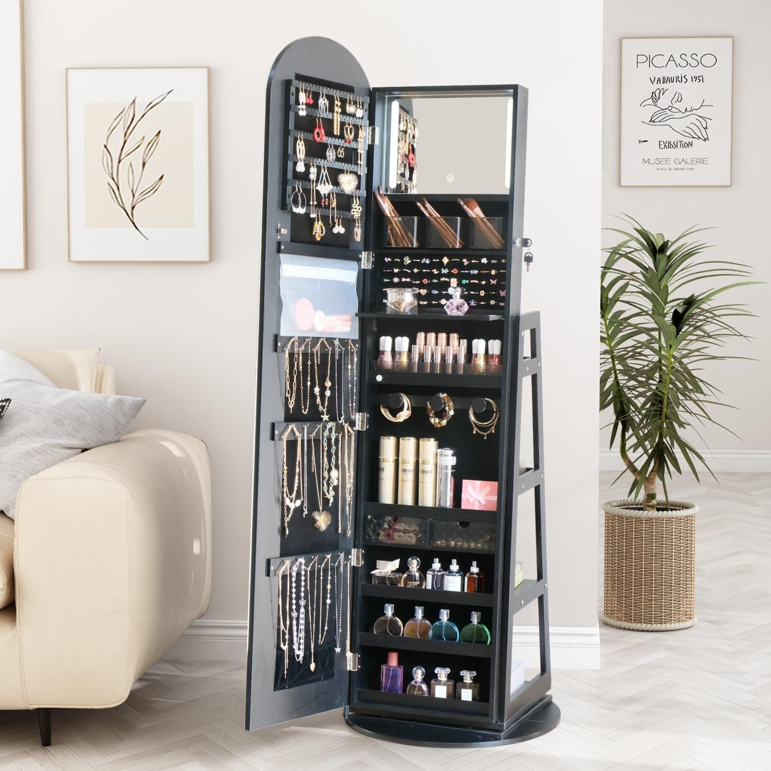 Arched Rotating Jewelry Cabinet with LED Lighted Full Length Mirror & Built-In LED Vanity Mirror, Lockable Standing Jewelry Armoire, Large Storage Organizer for Jewelry (Black)