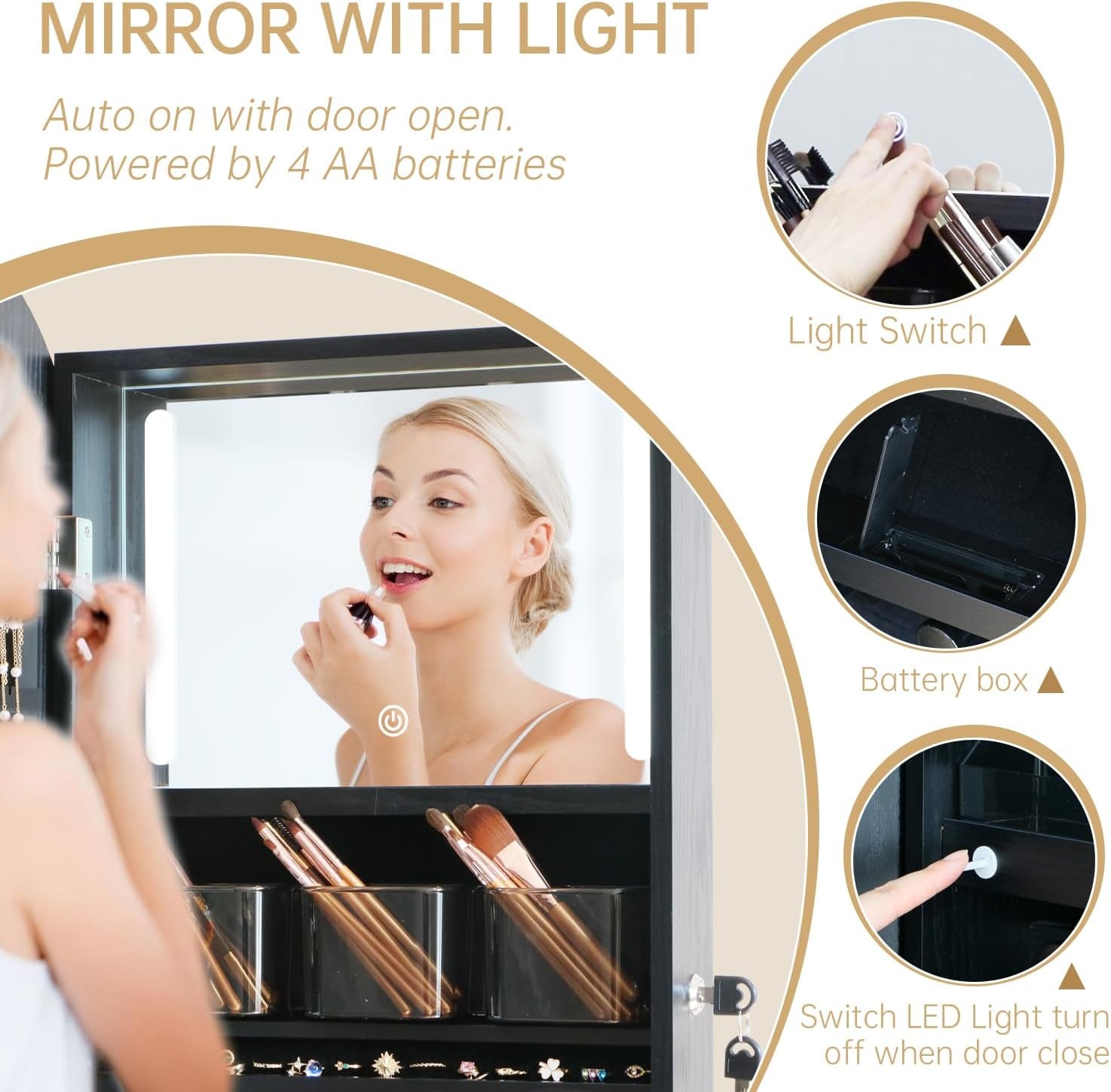 Arched Rotating Jewelry Cabinet with LED Lighted Full Length Mirror & Built-In LED Vanity Mirror, Lockable Standing Jewelry Armoire, Large Storage Organizer for Jewelry (Black)