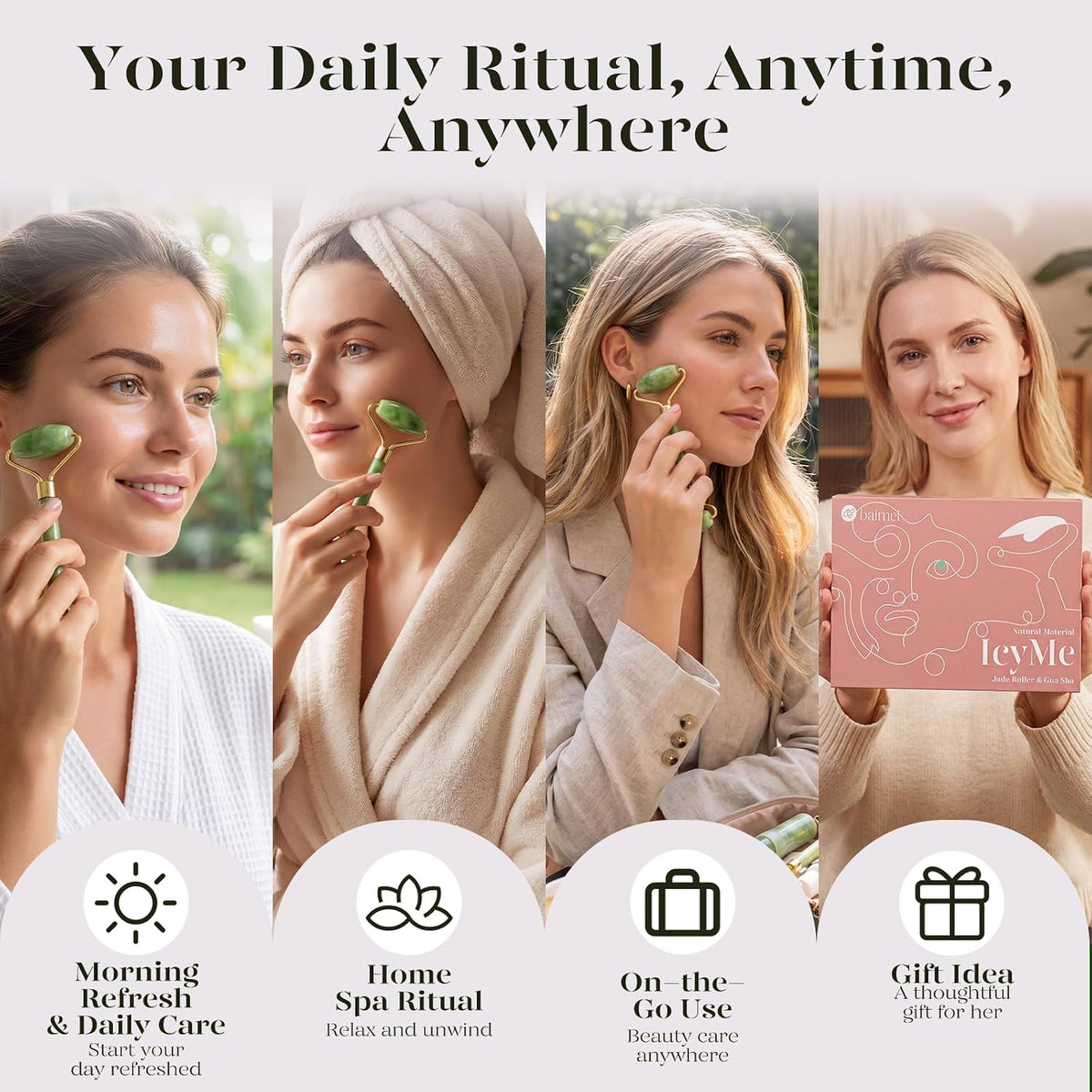 Icyme Jade Face Roller & Gua Sha Set,Self Care Gifts for Women | Facial Beauty Skin Care Tools for Home Spa & Travel Use, Cooling and Smoothing, Reduce Puffiness & Jawline Definition - Green
