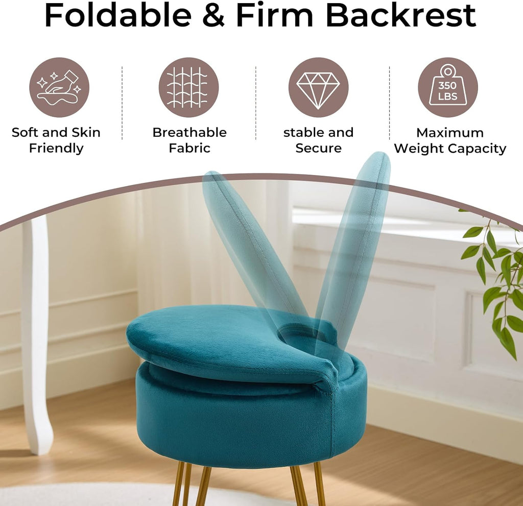 Velvet Teal Small Vanity Chair & Stool - 13" Dx13 W Folding Back Storage Ottoman, Anti-Slip Golden V-Leg for Bedroom Makeup Room