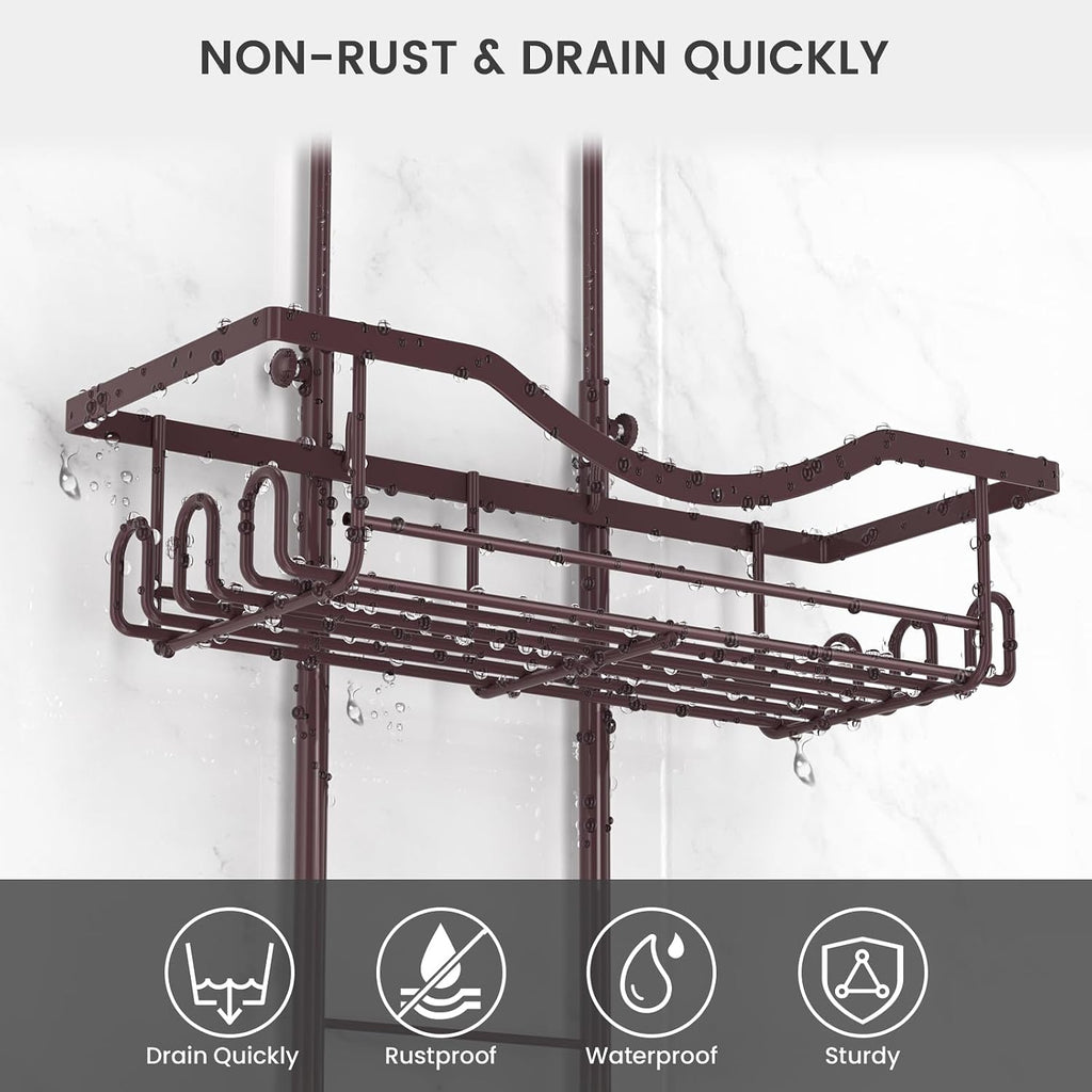 Adjustable Shower Caddy Hanging over Shower Head, Bronze | Rustproof Shower Organizer, Extra Long, No Drilling, Anti-Slip, Fast Draining, Soap Holder, 12 Hooks, Bathroom Accessories